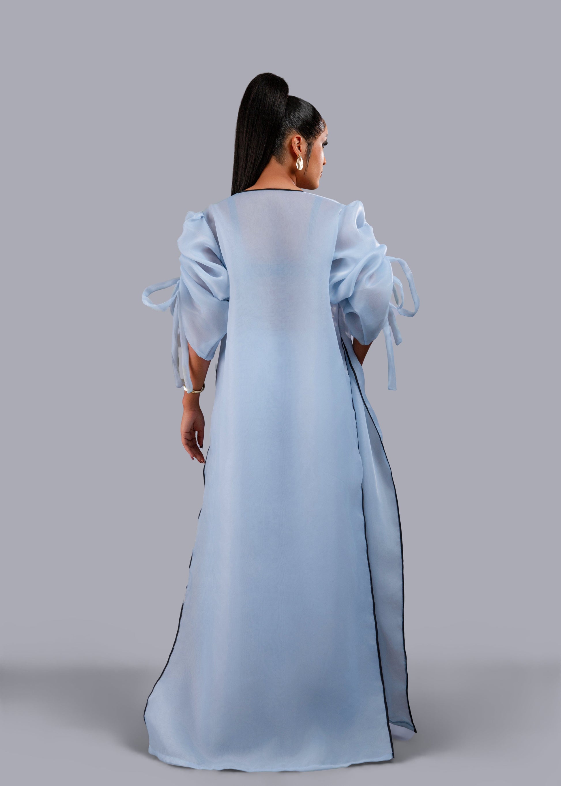 Blue kimono with black bow sequin and wide leg pant set.