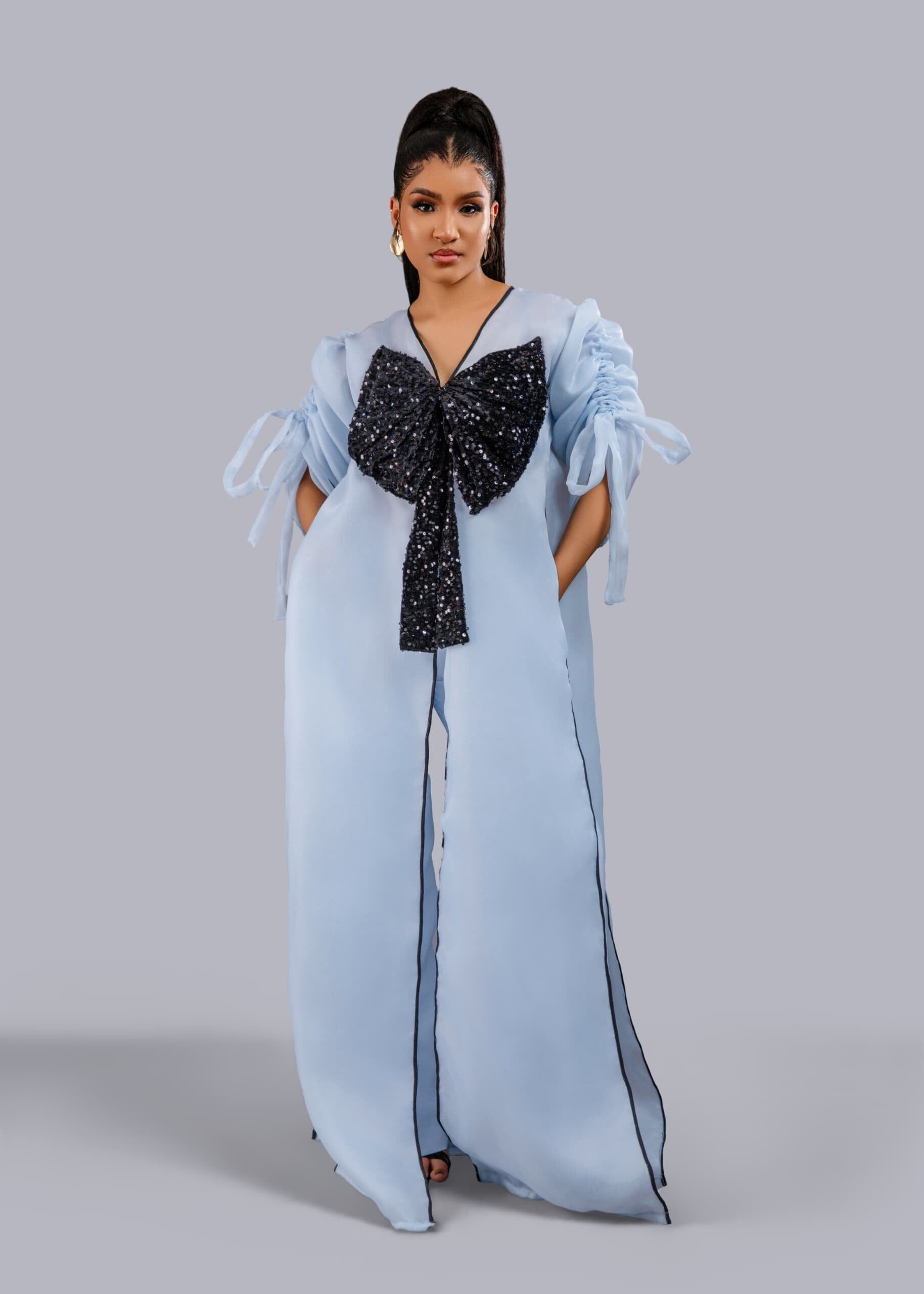 Blue kimono with black bow sequin and wide leg pant set.
