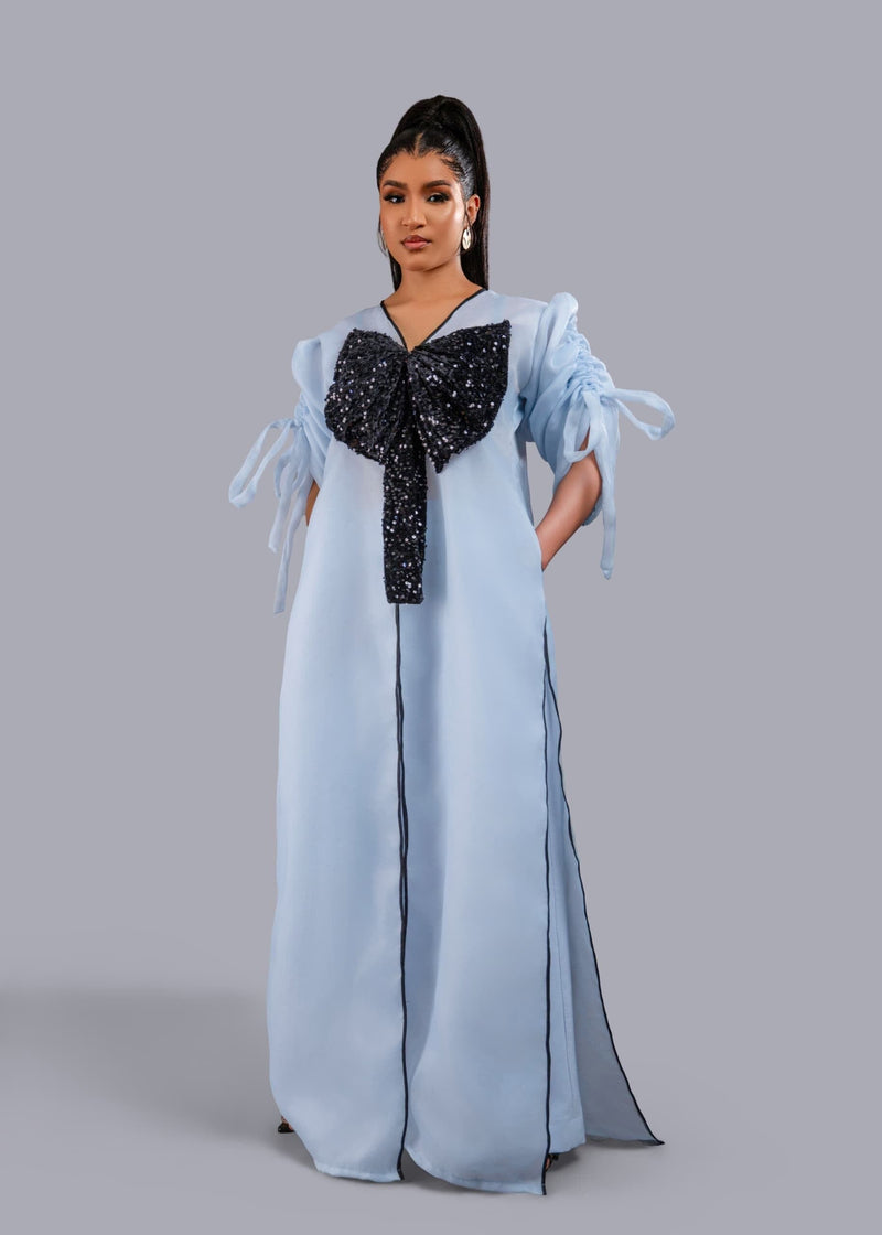 Blue kimono pant set with black sequin bow detail for special occasions