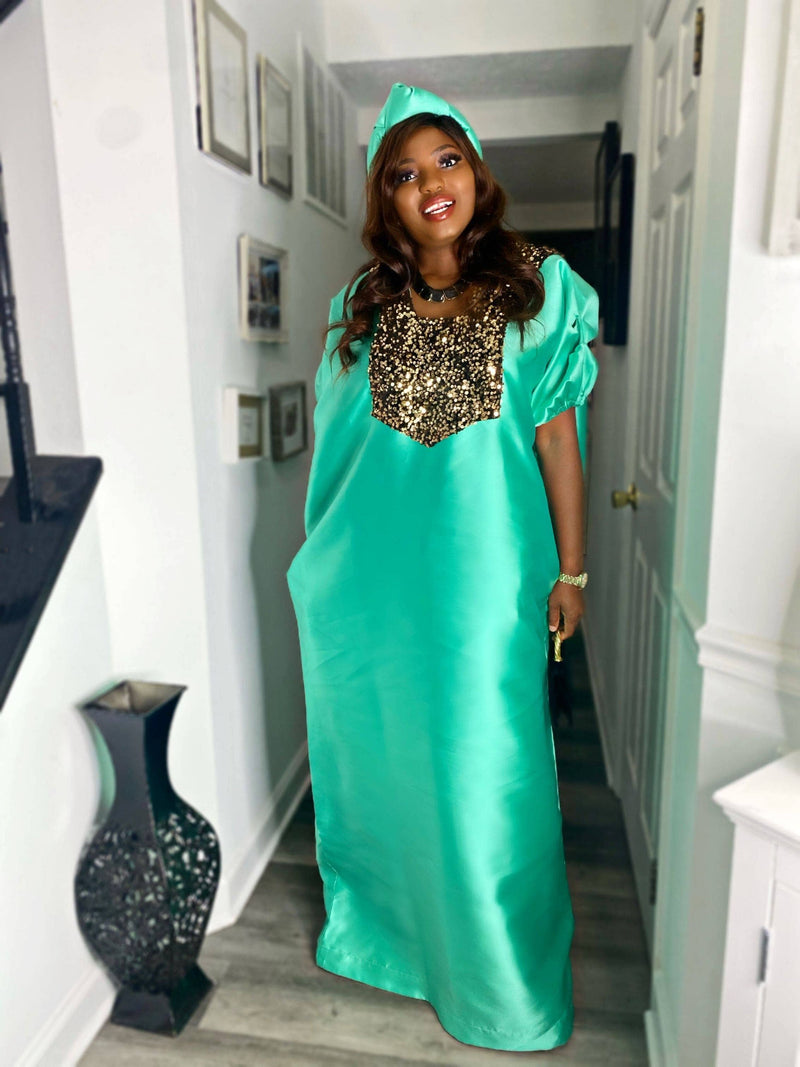 Buga Boubou dress (Green)- African kaftan with Silk fabric