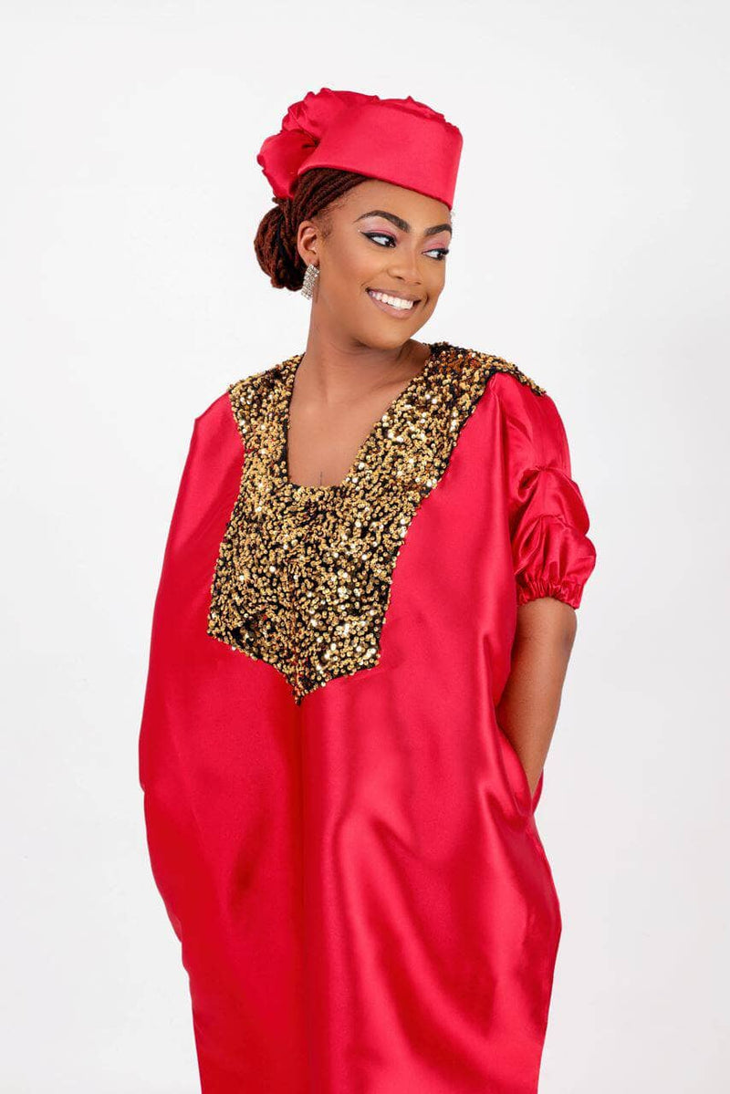 Buga Boubou (Red)- African maxi dress with Silk fabric