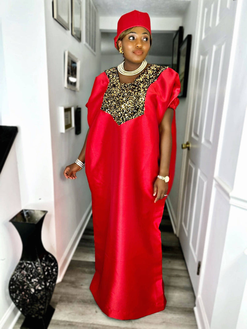 Buga Boubou (Red)- African maxi dress with Silk fabric