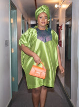 Buga Boubou short dress with multicolored sequin neck line (olive green)