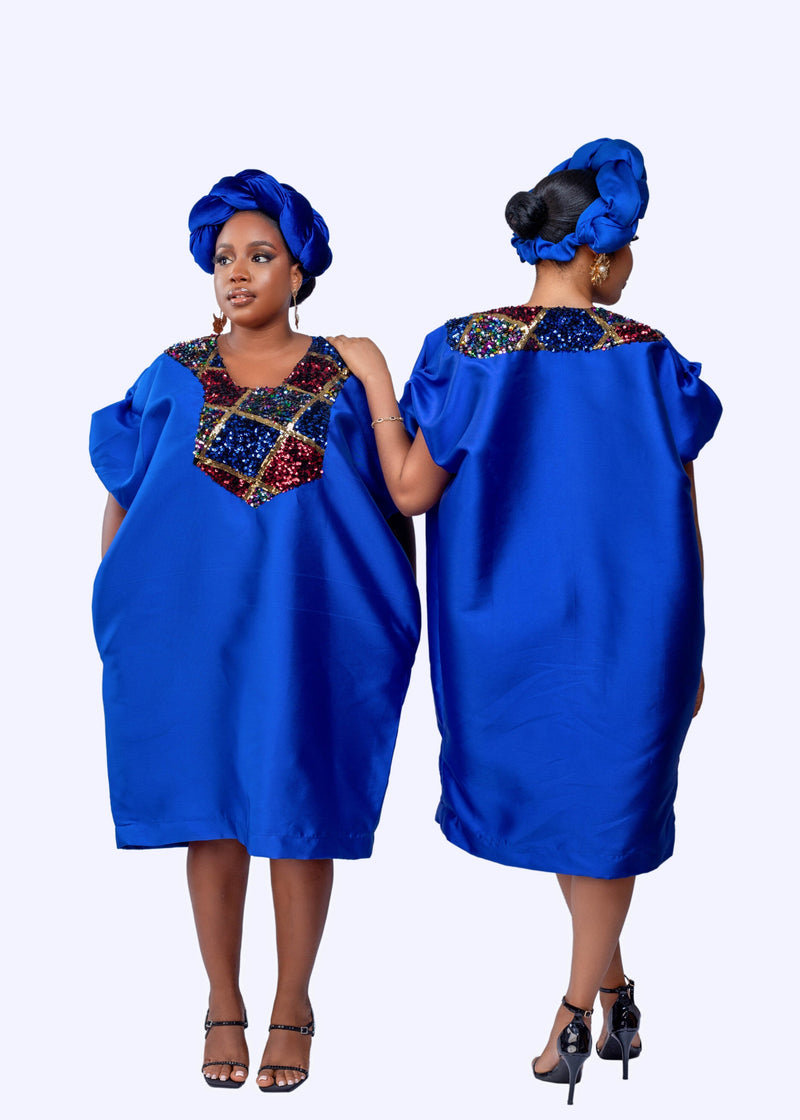 Buga Boubou Short Dress with Multicolored Sequin neckline (Blue)