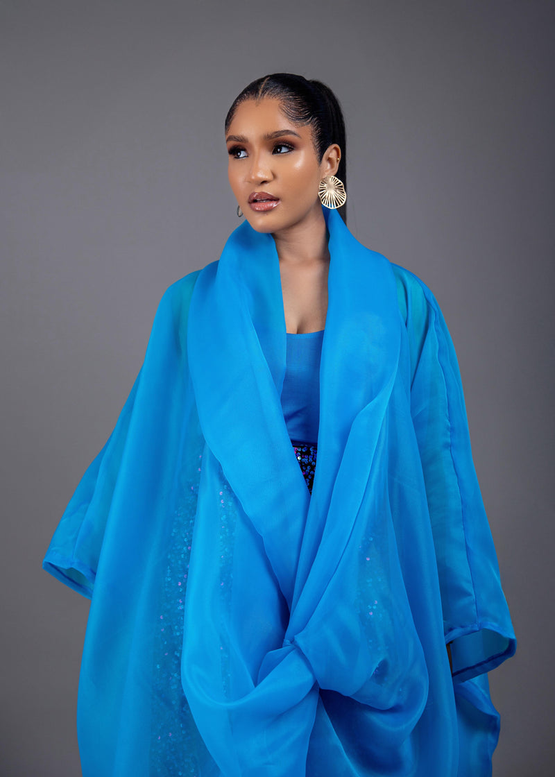 Casablanca blue Twist Top With Maxi Flare Sequin Skirt Set (blue)