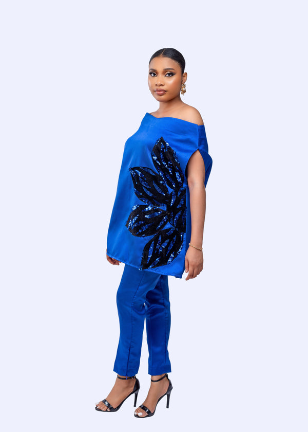 Goddess pant set (blue)- silk African matching set with sequin