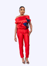 Goddess pant set (red)- silk African matching set with sequin