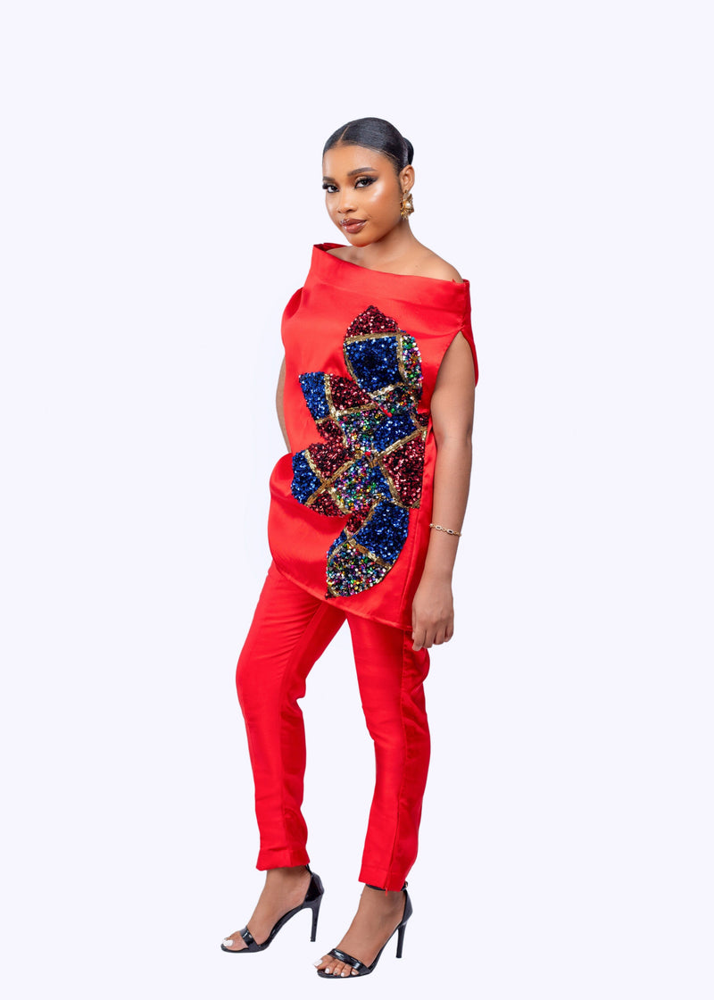 Goddess pant set (red)- silk African matching set with sequin