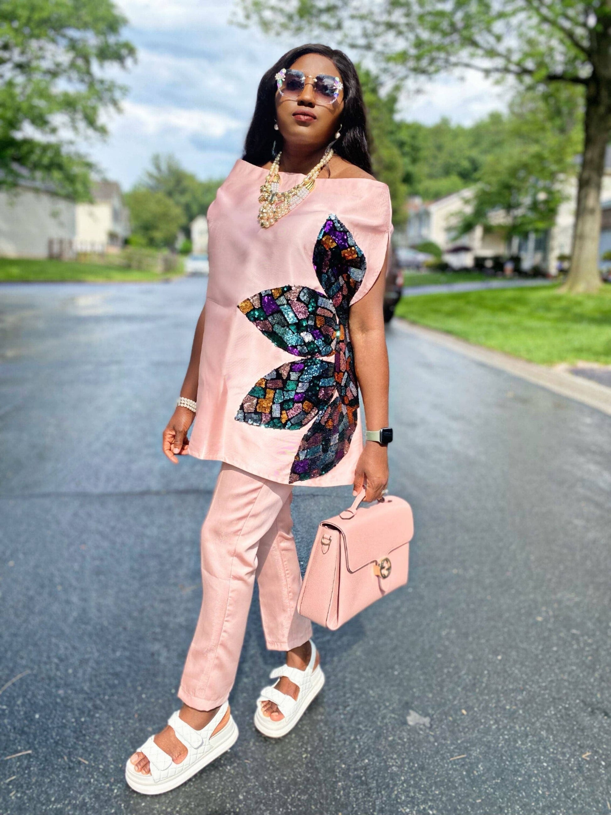 Goddess pant set (peach) - silk matching set with sequin