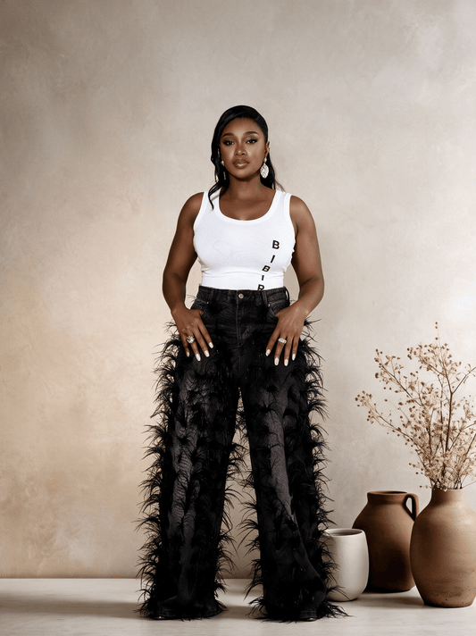 BLACK FEATHERED JEANS