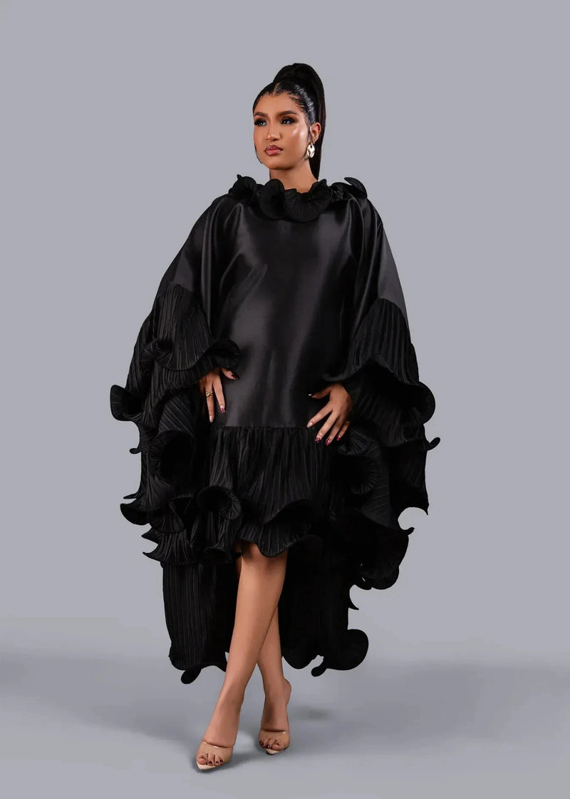 Kai Short Boubou silk frill Dress (black)