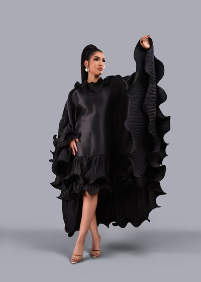 Kai Short Boubou silk frill Dress (black)