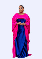 Kante - color block pink silk and blue velvet boubou long dress