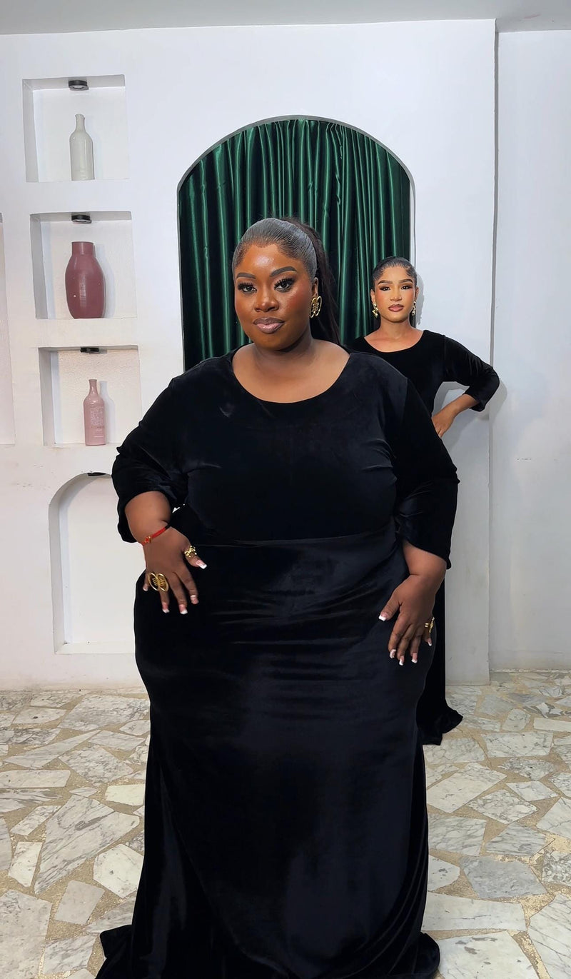 Moro long black velvet dress and embellished kimono set