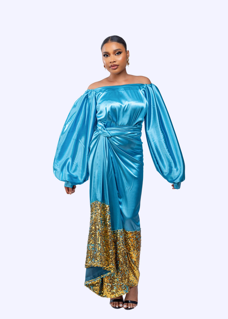 Ogaraya silk off shoulder wrap long dress with sequin