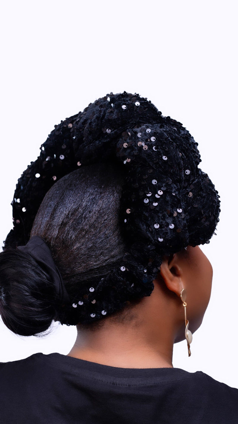 Omoge Sequin Cap (Black)- Women's African Cap