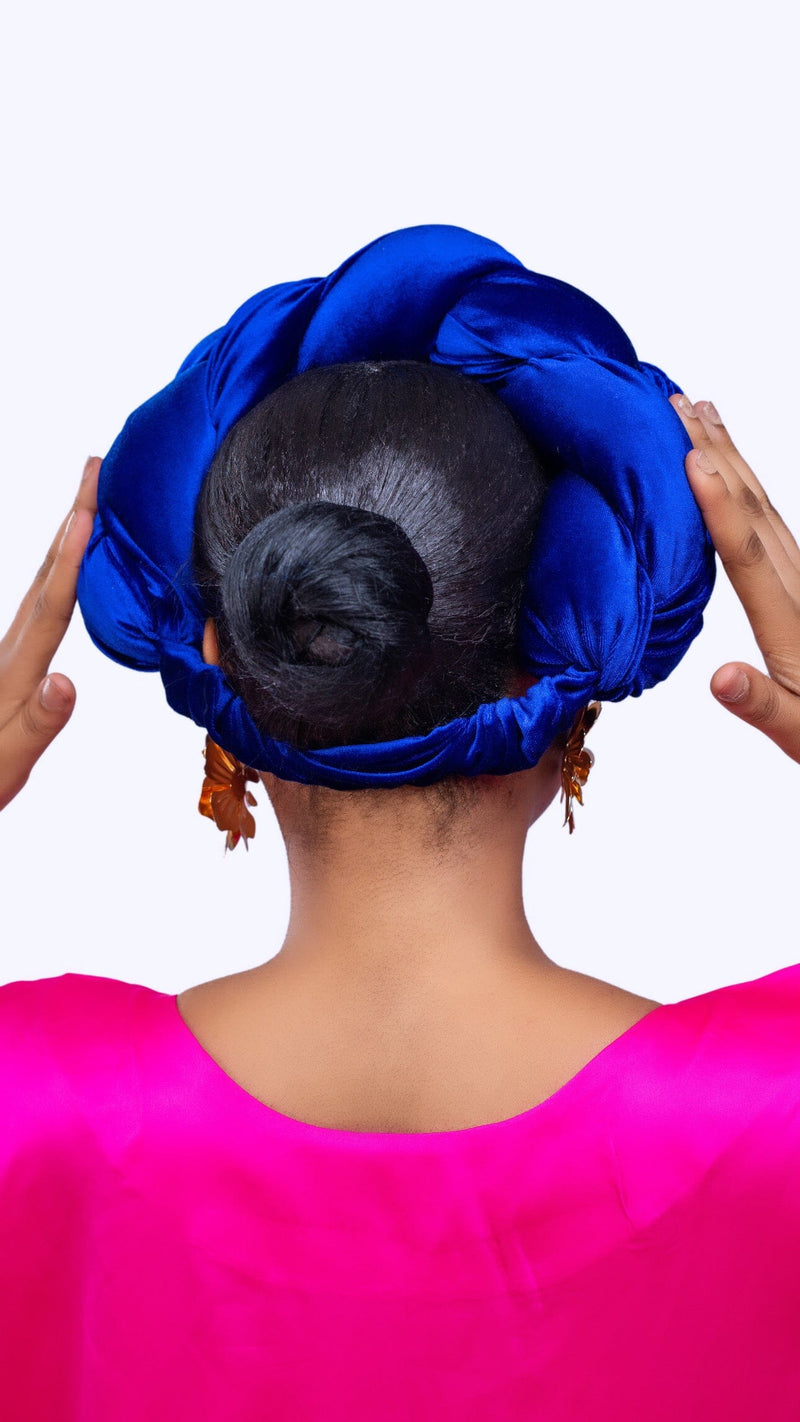 Omoge Twist Cap (blue velvet)- Women's African Cap
