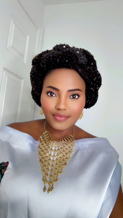 Omoge Twist Sequin Cap (Black)- Women's African Cap