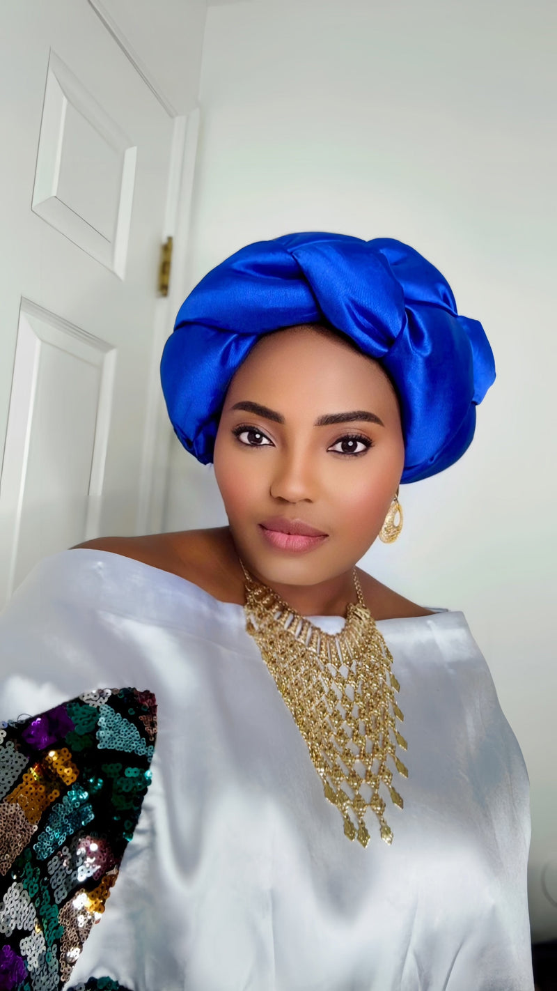 Omoge Twist Silk Cap (blue)- Women's African Cap