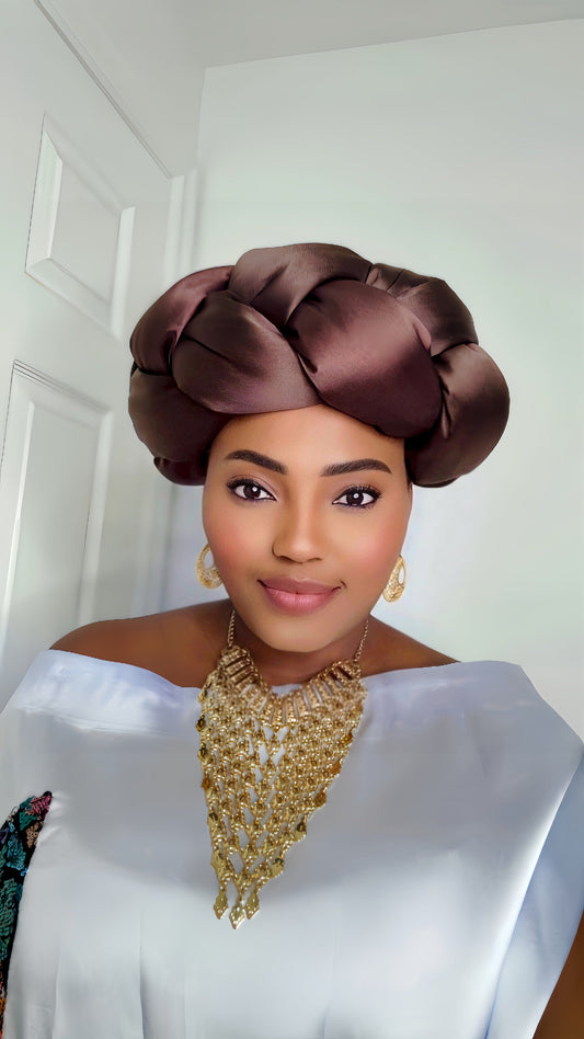Omoge Twist Silk Cap (Brown)- Women's African Cap