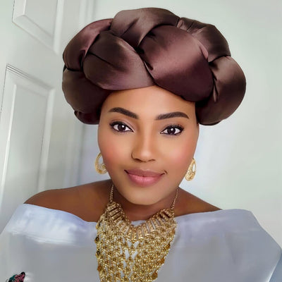 Omoge Twist Silk Cap (brown)- Women's African Cap