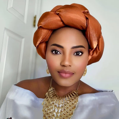 Omoge Twist Silk Cap (Brown)- Women's African Cap