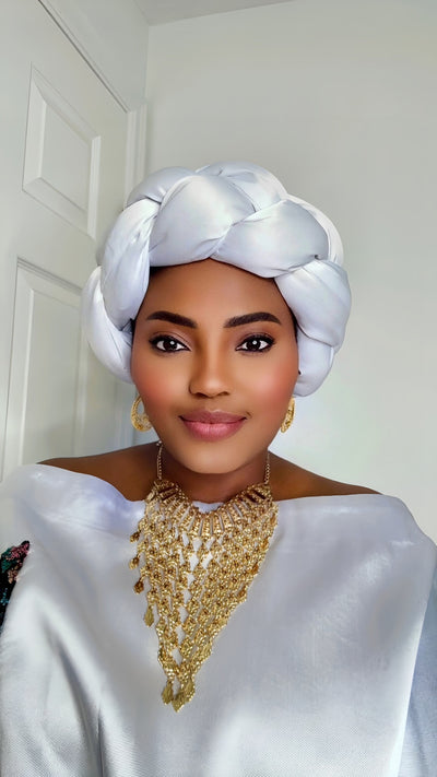 Omoge Twist Silk Cap (White) -Women's African Cap