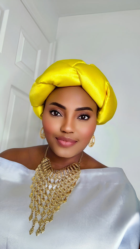 Omoge Twist Silk Cap (Yellow)- Women's African Cap