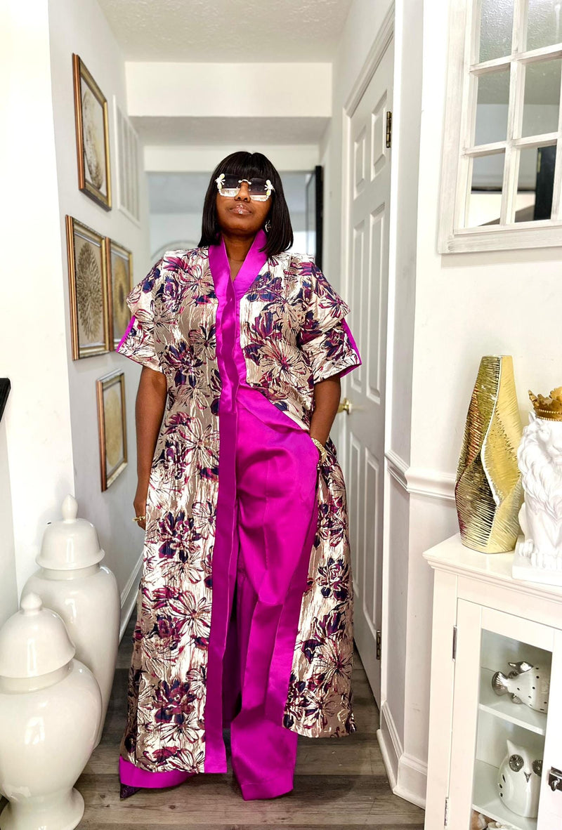 Flora patterned kimono boubou and plain wide leg pant set Bibir