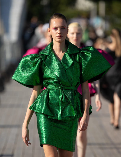Rush Green damask wrap blouse with short pencil skirt
