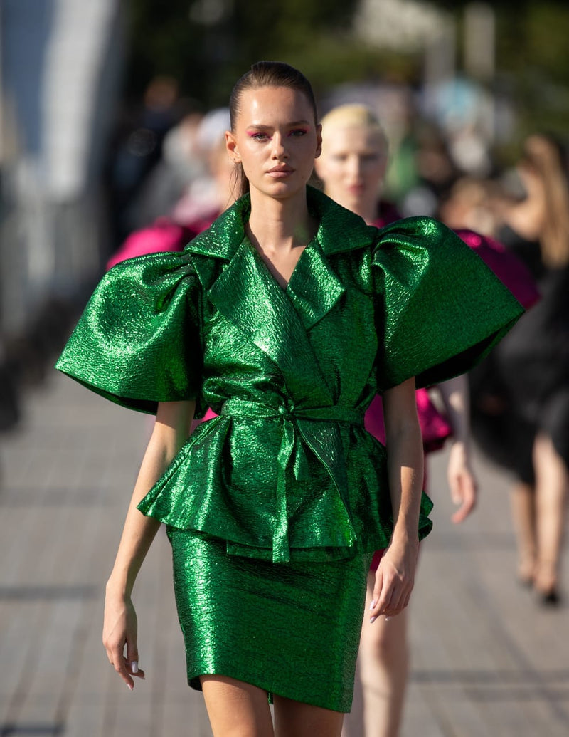Rush Green damask wrap blouse with short pencil skirt