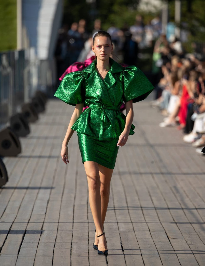 Rush Green damask wrap blouse with short pencil skirt