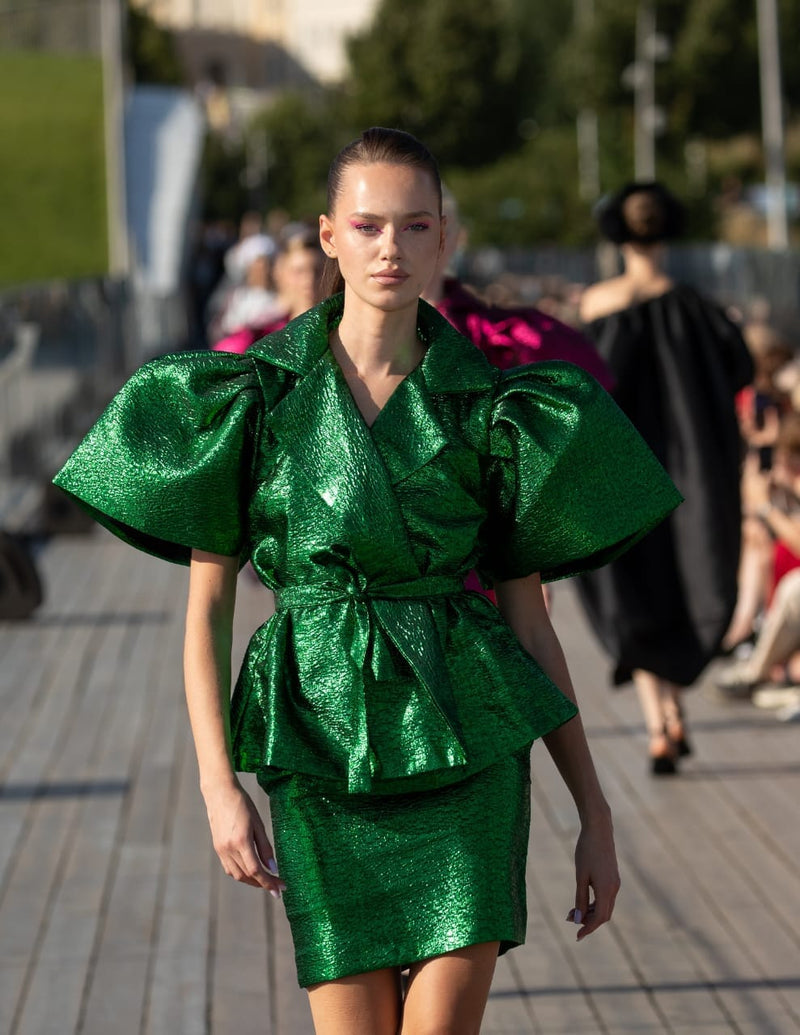 Rush Green damask wrap blouse with short pencil skirt
