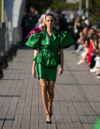 Rush Green damask wrap blouse with short pencil skirt