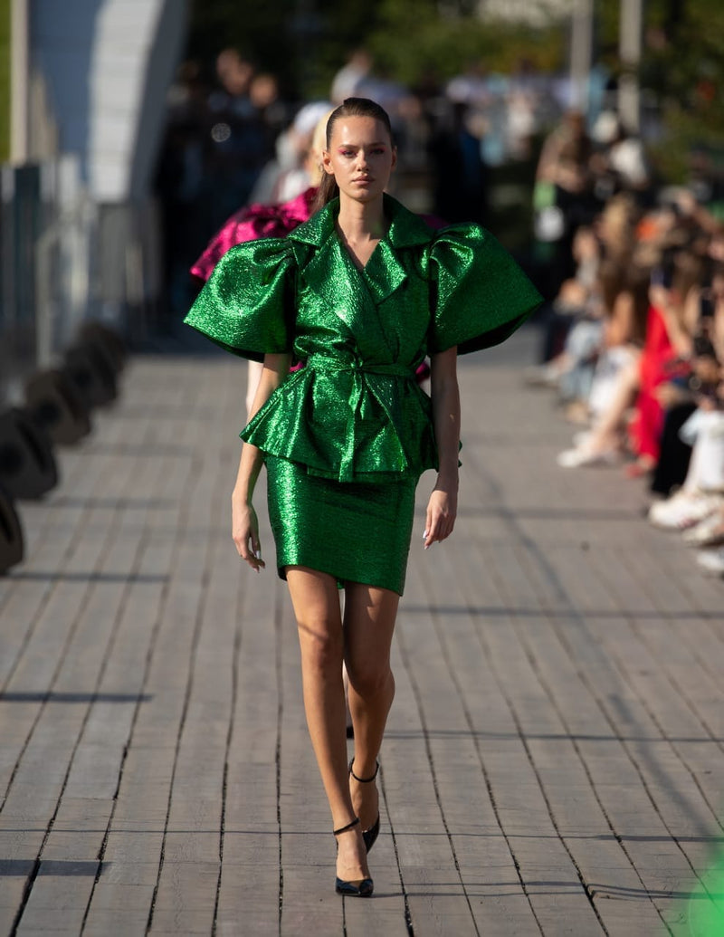 Rush Green damask wrap blouse with short pencil skirt