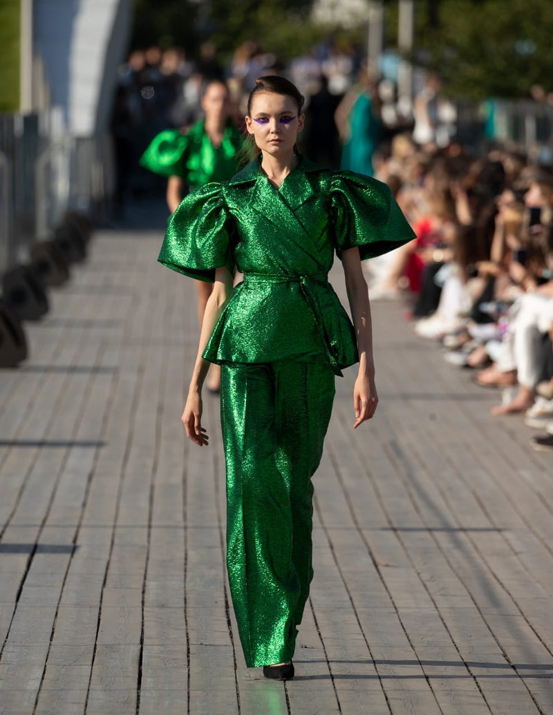 Rush Green plain damask wrap blouse with Wide leg pant