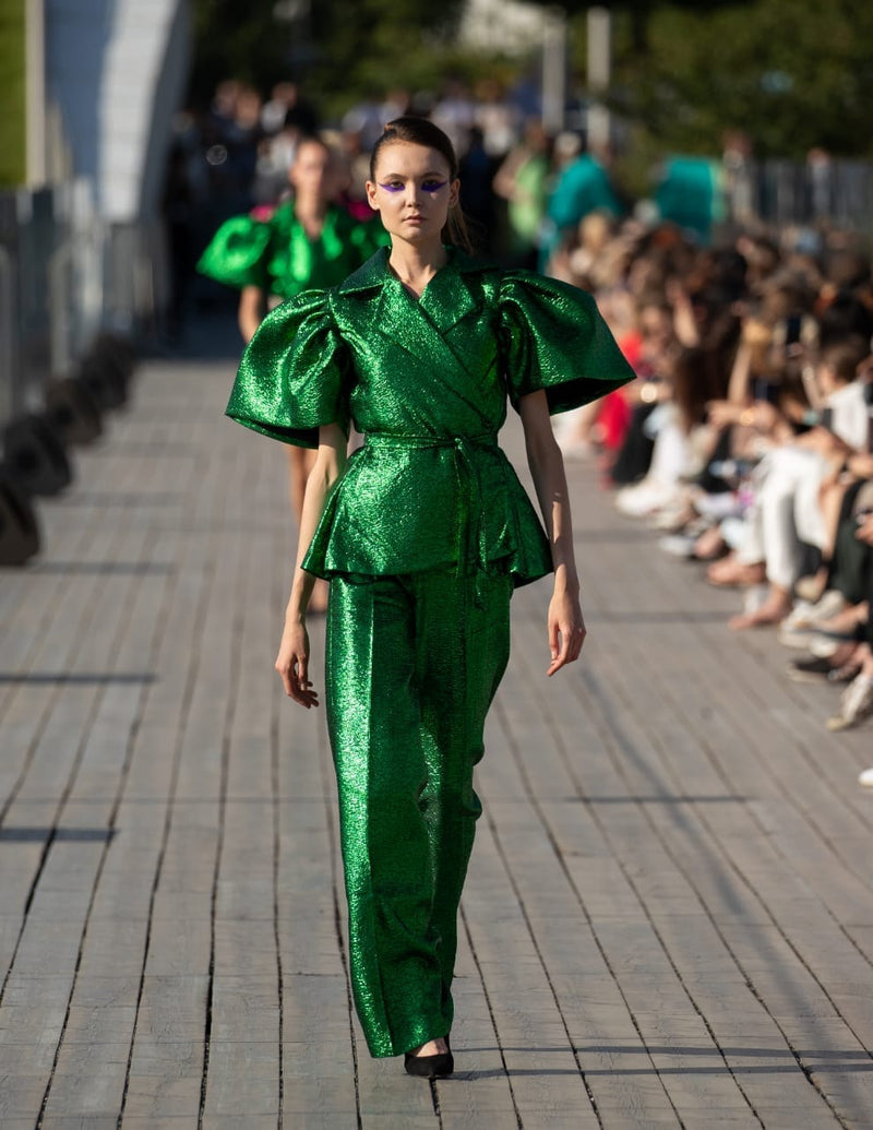 Rush Green plain damask wrap blouse with Wide leg pant