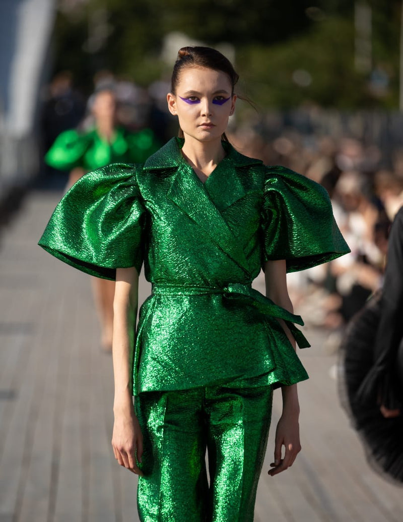 Rush Green plain damask wrap blouse with Wide leg pant