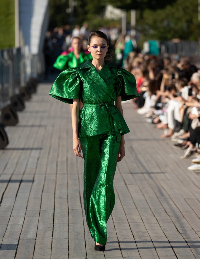 Rush Green plain damask wrap blouse with Wide leg pant