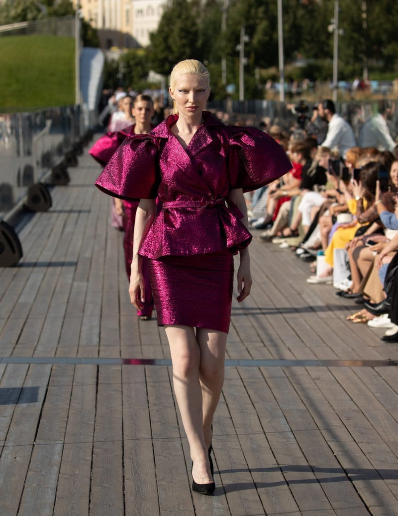 Rush pink damask wrap blouse with short pencil skirt