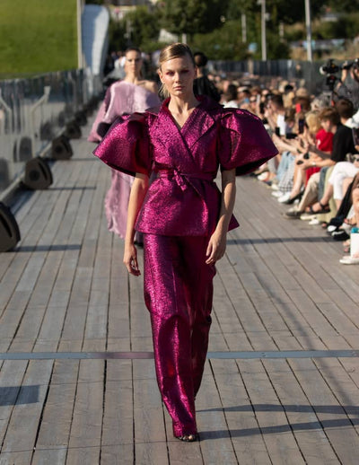 Rush pink plain damask wrap blouse with Wide leg pant