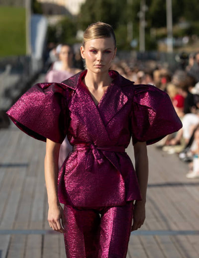 Rush pink plain damask wrap blouse with Wide leg pant