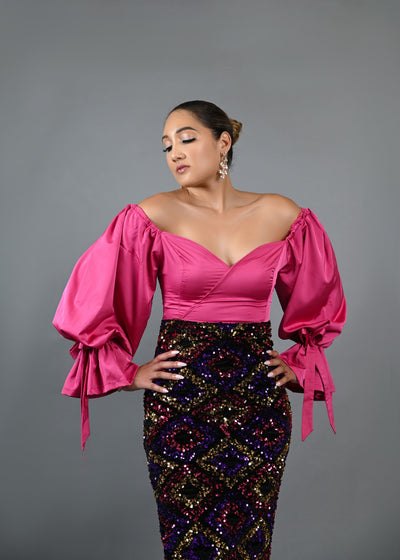 Tata multicolored off shoulder Sequin long fitted dress (pink)