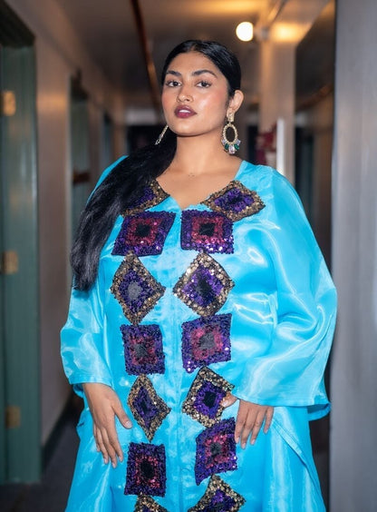 Teal Boubou Kaftan long dress. Look 5