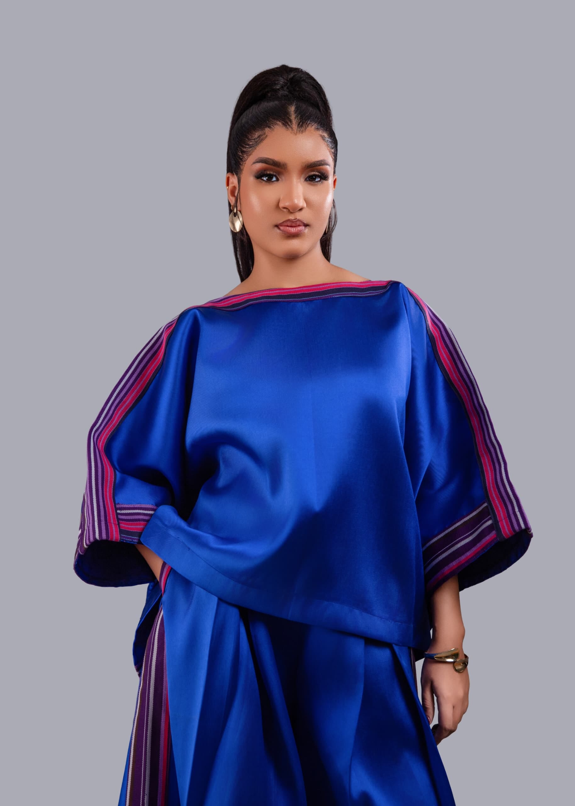 Yayo Box top with Culottes Silk and Asooke pant set (Electric Blue)