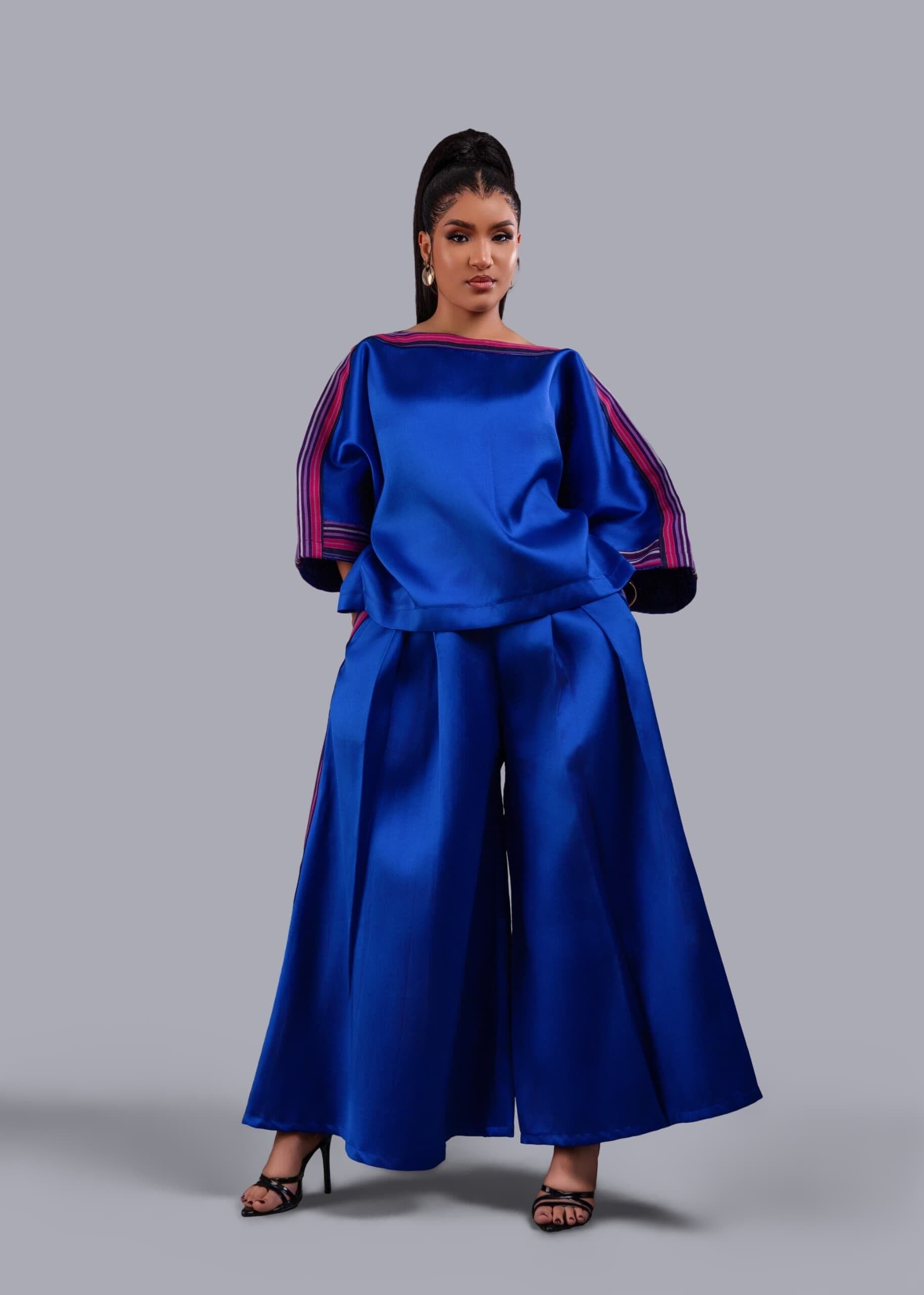Yayo Box top with Culottes Silk and Asooke pant set (Electric Blue)