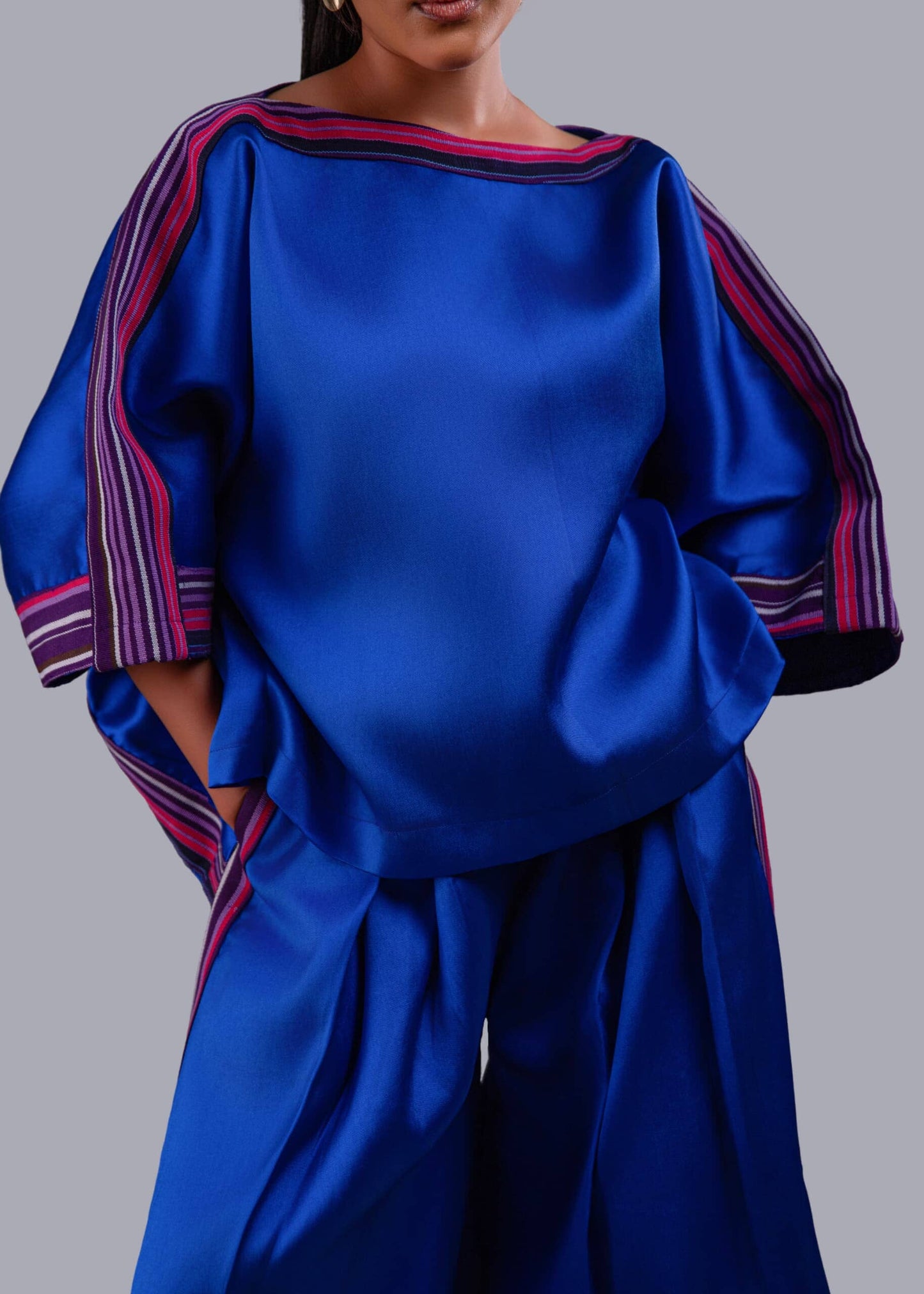 Yayo Box top with Culottes Silk and Asooke pant set (Electric Blue)