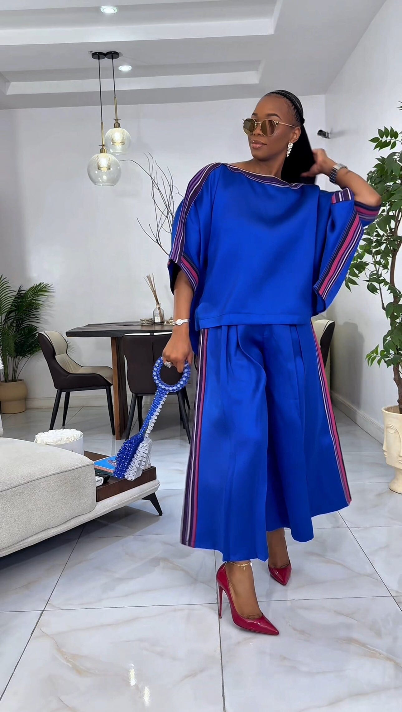 Yayo Box top with Culottes Silk and Asooke pant set (Electric Blue)