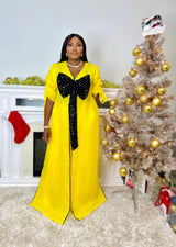 Yellow kimono with black bow sequin and white wide leg pants Look 17