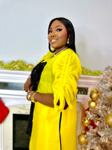 Yellow kimono with black bow sequin and white wide leg pants Look 17